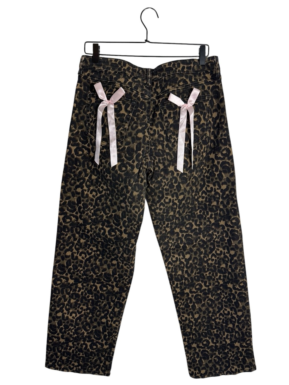 Ashley Mason Leopard Print Wide Leg Jeans with Pink Ribbon Bows Size 9/29